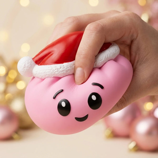 Close-up of fingers squeezing the soft pink Christmas hat dumpling squishy