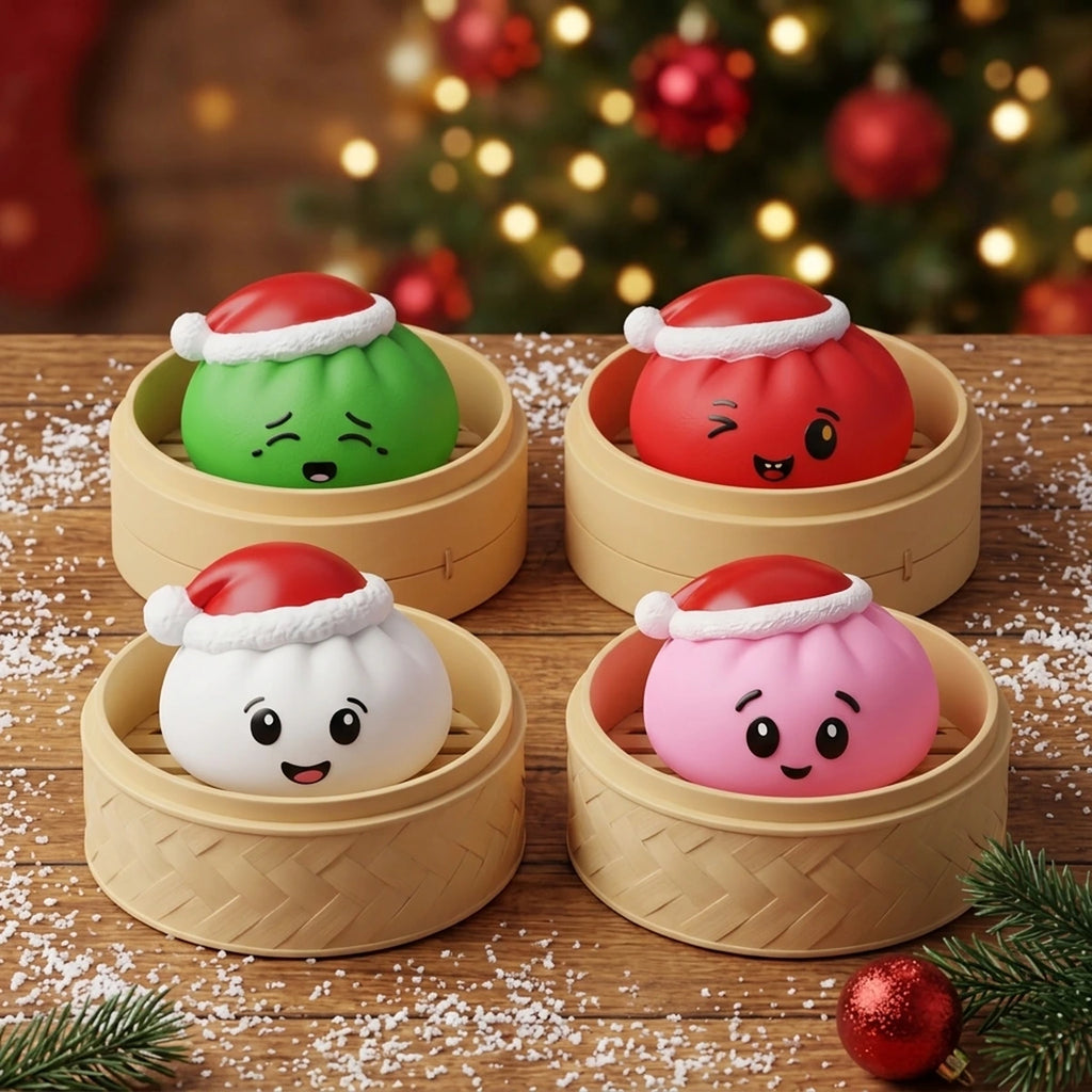 Four Christmas hat dumpling squishies, each sitting in its own bamboo steamer basket on a snowy wooden table