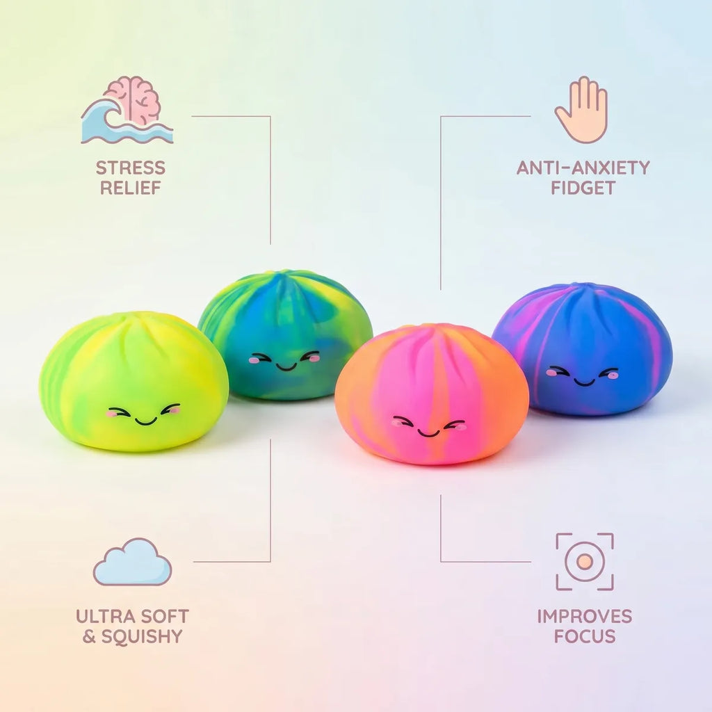 Colorful dumpling squishy size guide infographic with dimensions