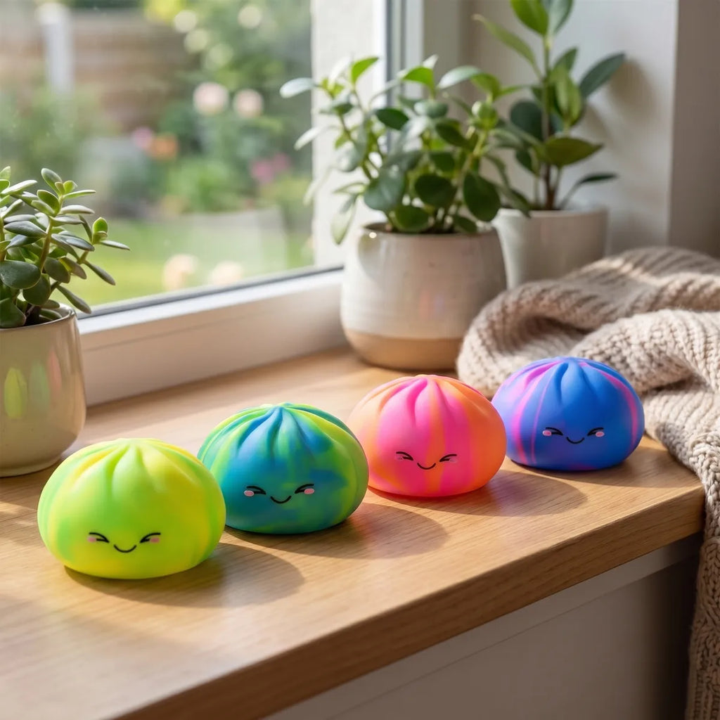 Colorful dumpling squishy displayed with bamboo steamer