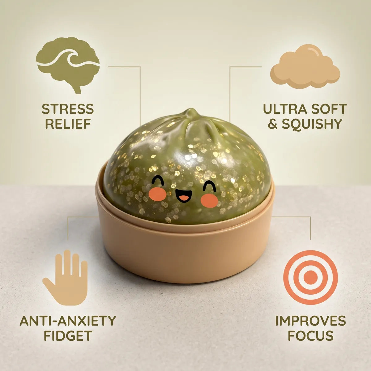 Dark green sparkle dumpling squishy features and benefits overview