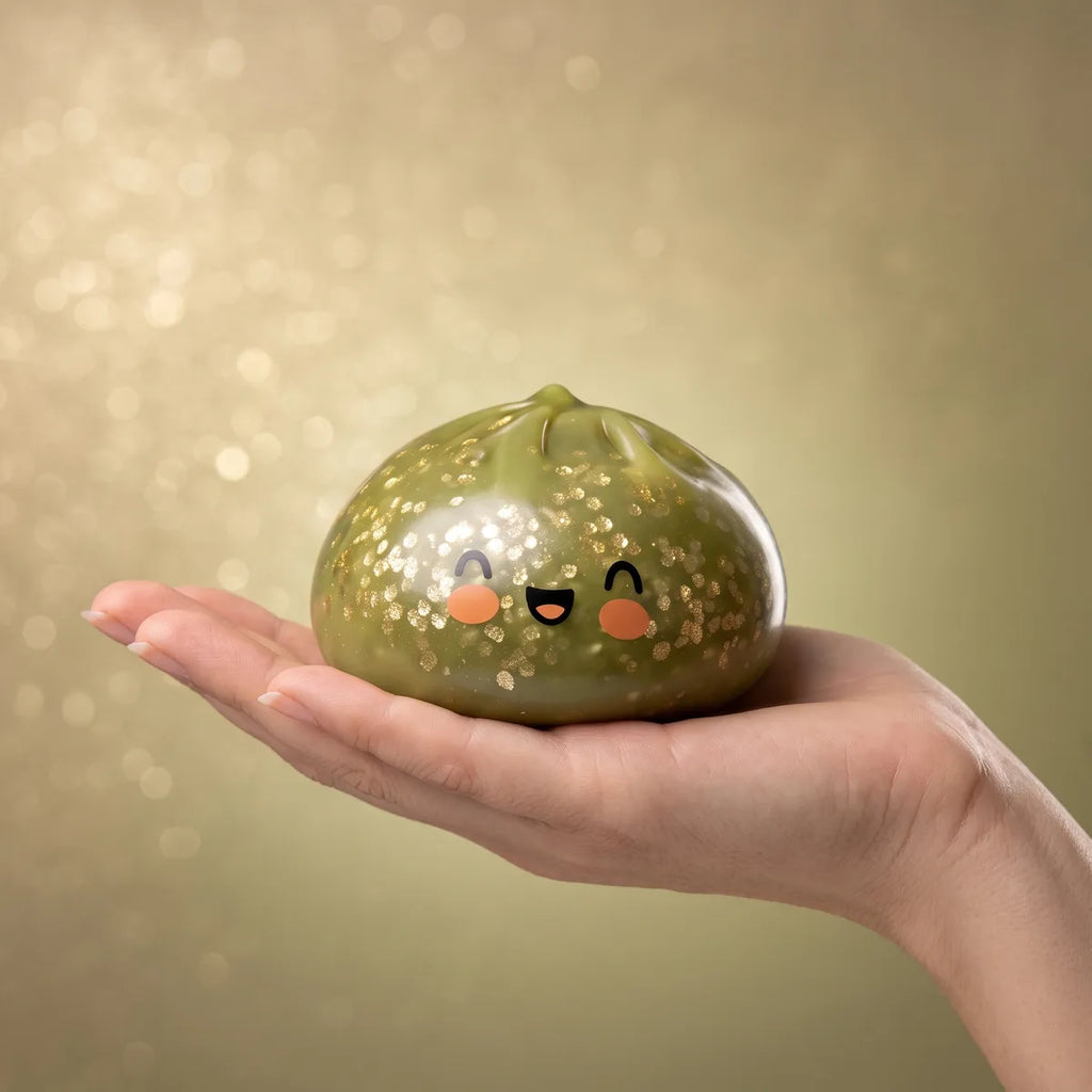 Hand holding a dark green sparkle dumpling squishy