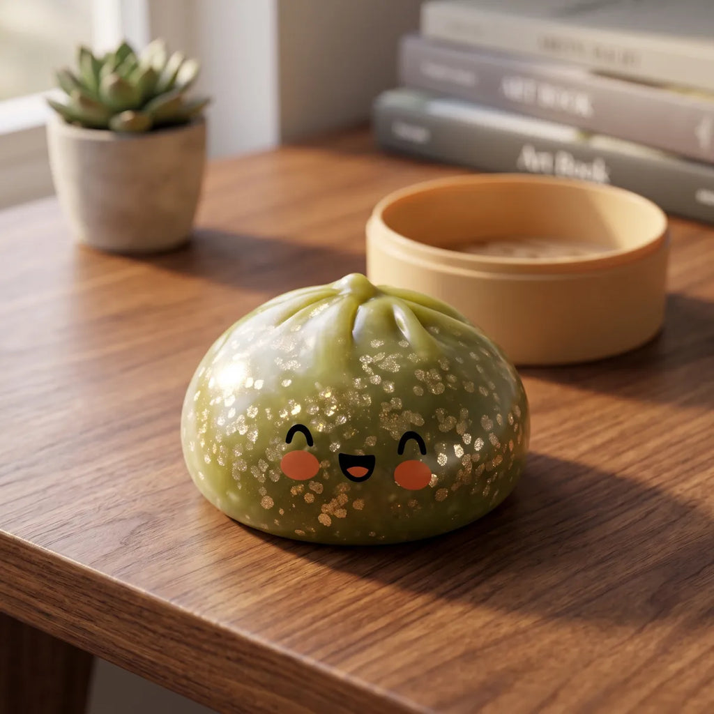 Dark green sparkle dumpling squishy styled in a cozy lifestyle setting
