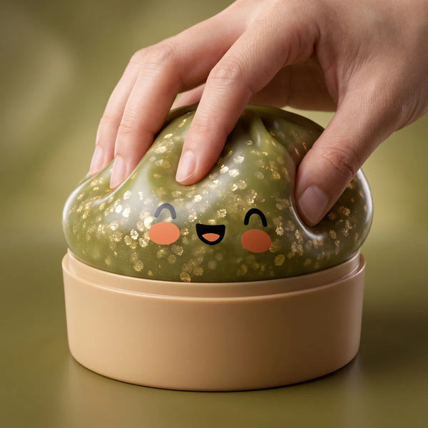 Dark green sparkle dumpling squishy slowly rising back to shape