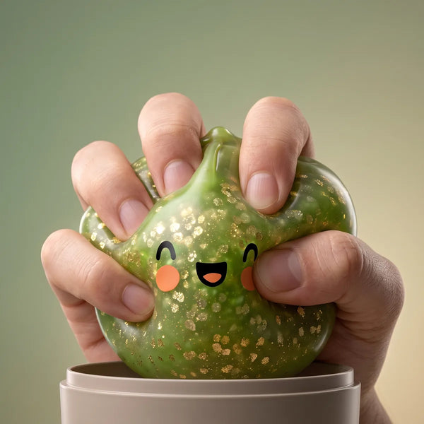 Hand squeezing a dark green sparkle dumpling squishy