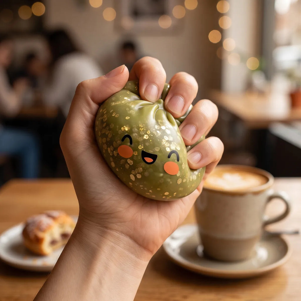 Person using a dark green sparkle dumpling squishy for stress relief
