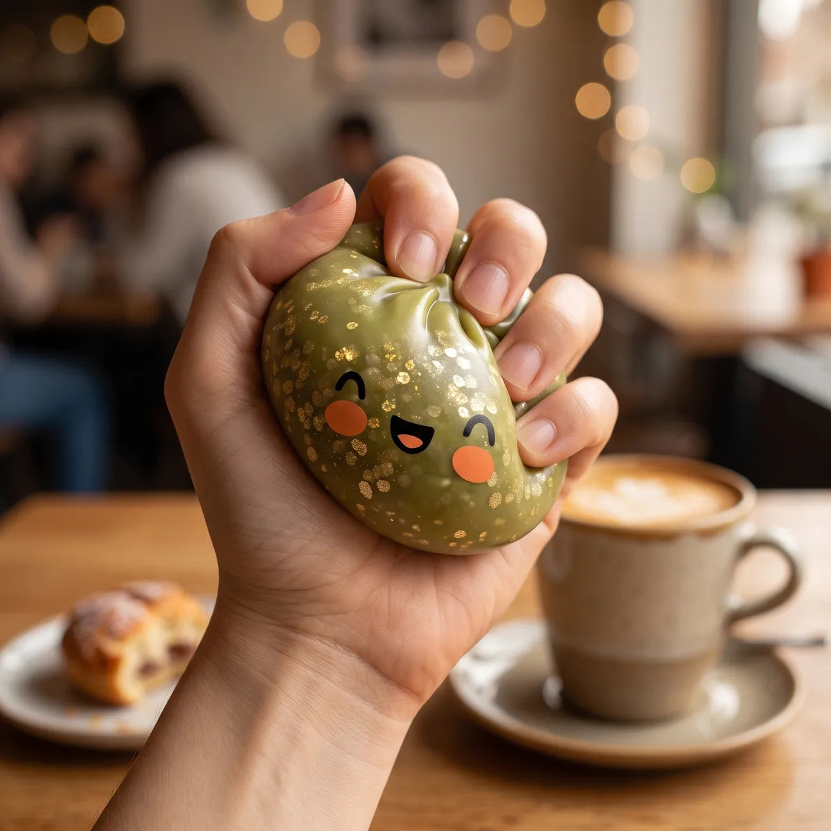 Person using a dark green sparkle dumpling squishy for stress relief