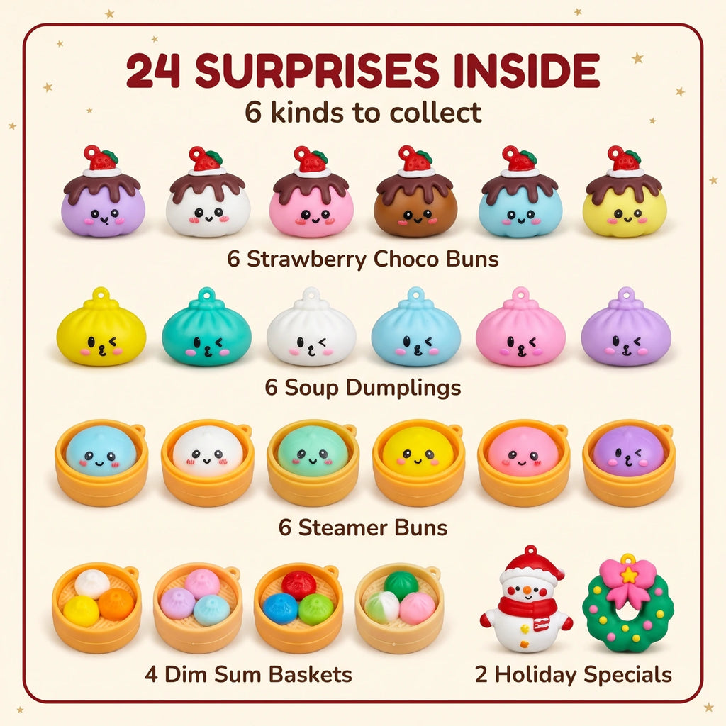 Santa Sleigh Dumpling Squishy Advent Calendar 24 Pieces infographic: 24 surprises in 6 kinds, from choco buns to dim sum baskets