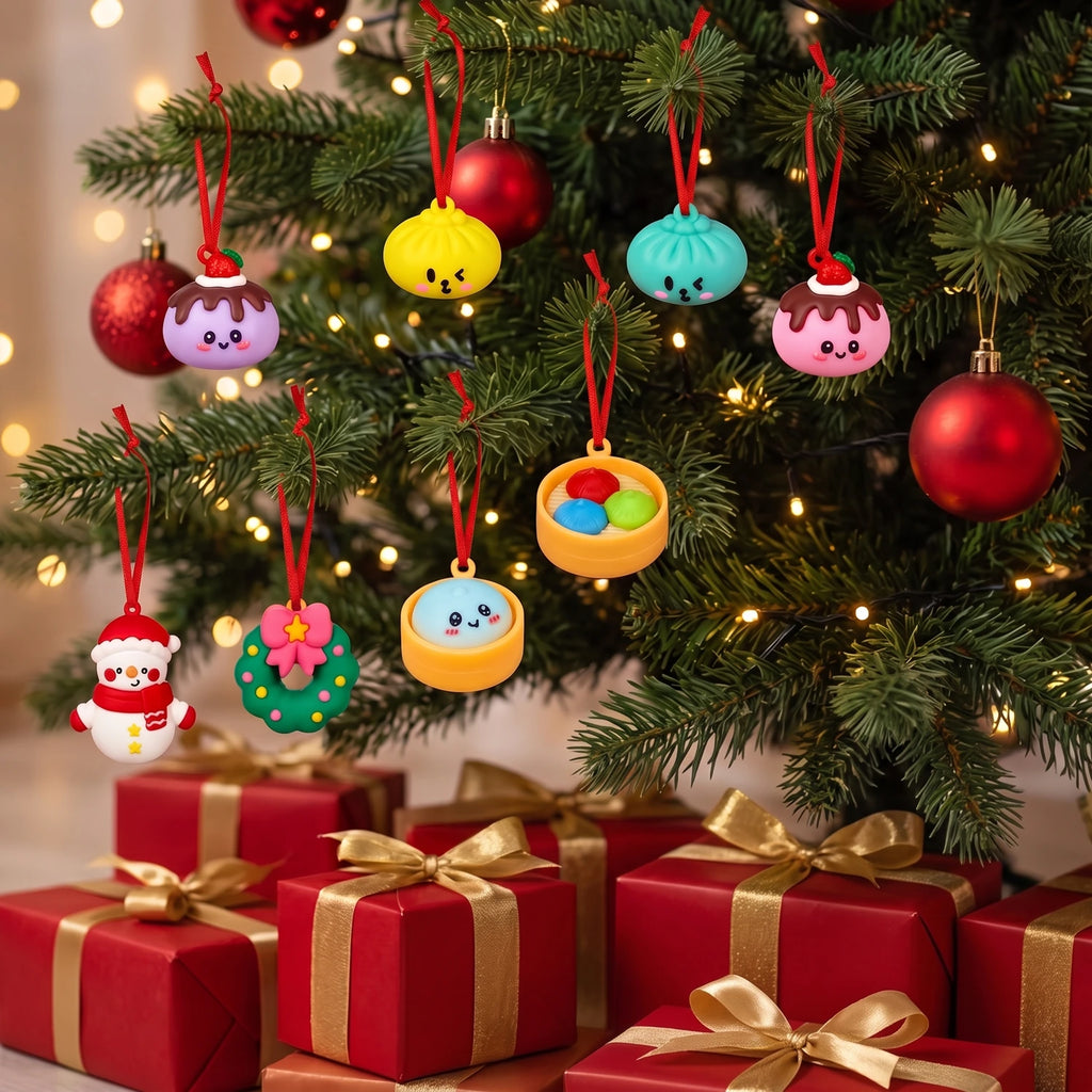 Mini squishies from the Santa Sleigh Dumpling Squishy Advent Calendar 24 Pieces hanging on a Christmas tree