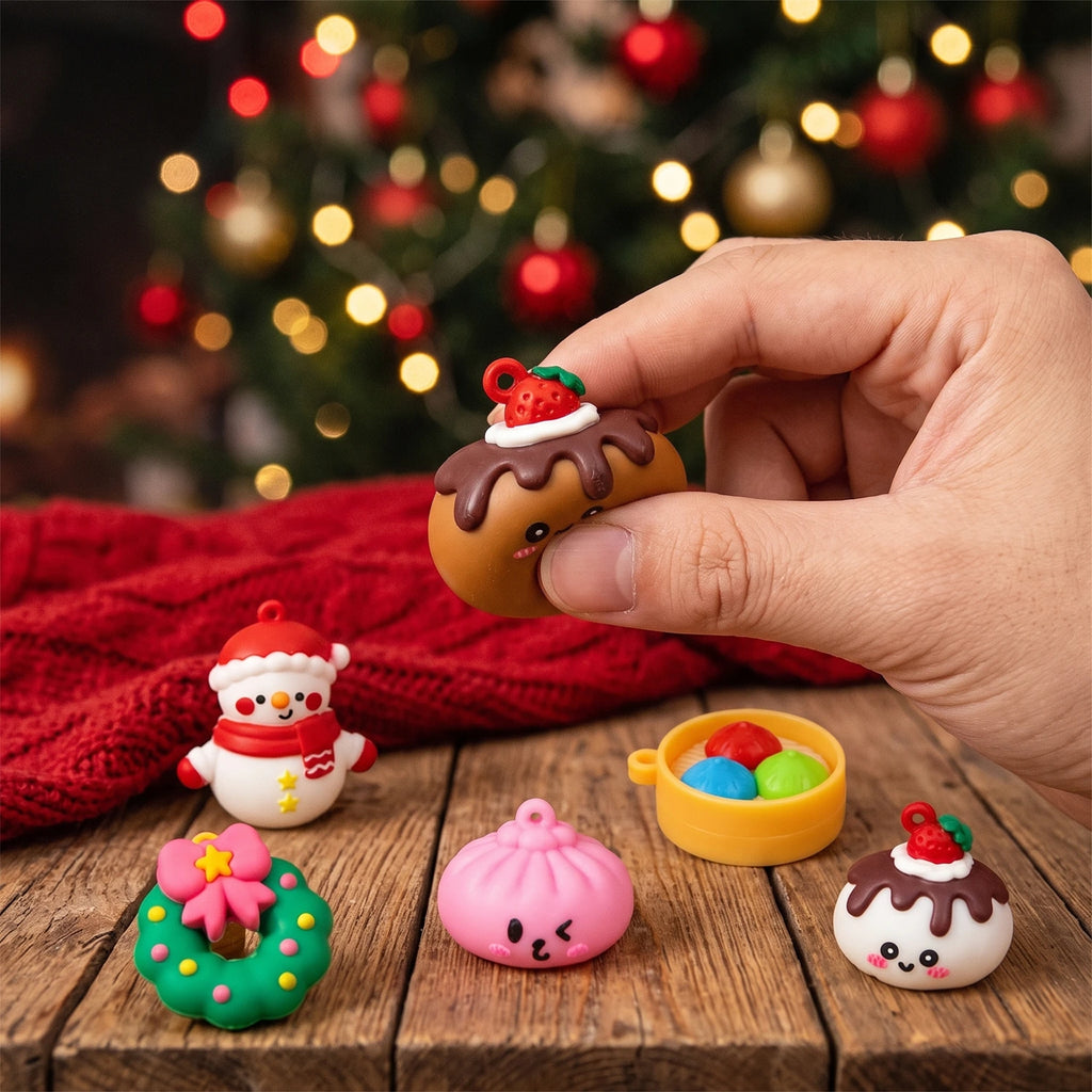 Hand squeezing a mini squishy from the Santa Sleigh Dumpling Squishy Advent Calendar 24 Pieces