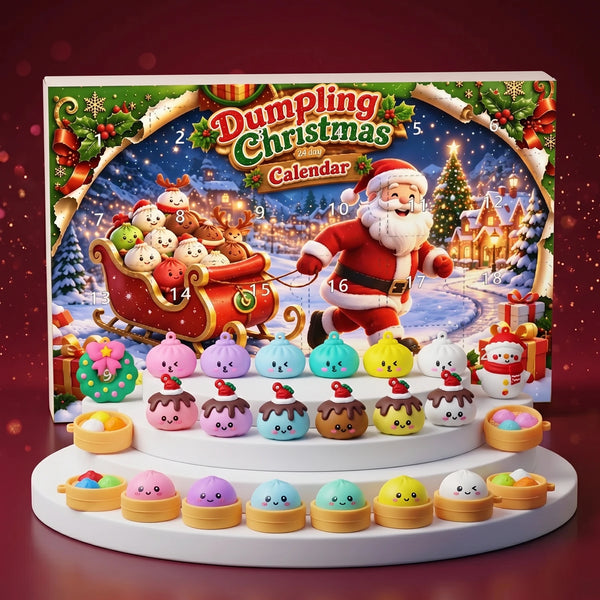 Santa Sleigh Dumpling Squishy Advent Calendar 24 Pieces with all 24 mini squishies on a festive podium