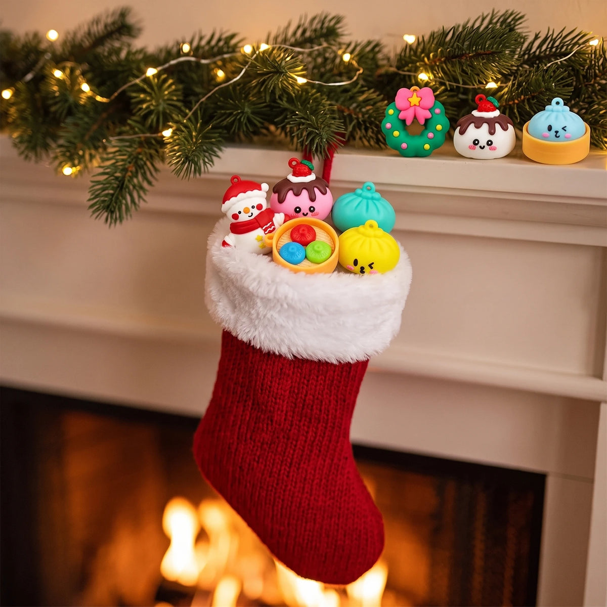 Mini squishies from the Santa Sleigh Dumpling Squishy Advent Calendar 24 Pieces peeking out of a Christmas stocking