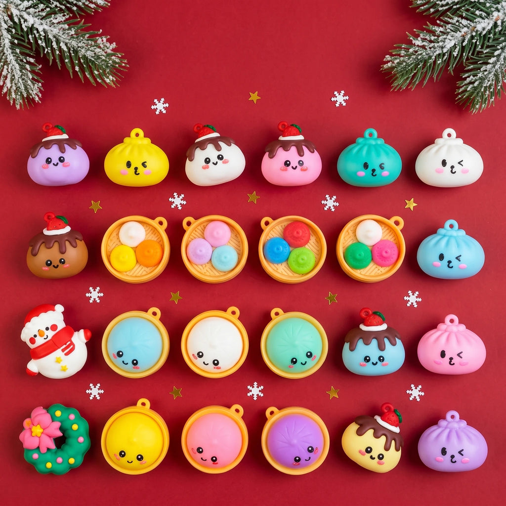 All 24 mini squishies of the Santa Sleigh Dumpling Squishy Advent Calendar 24 Pieces laid out on a red background