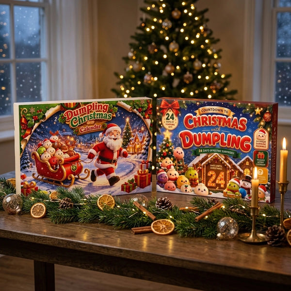 Santa Sleigh and Gingerbread Mochi dumpling squishy advent calendars on a candlelit console table with a pine garland