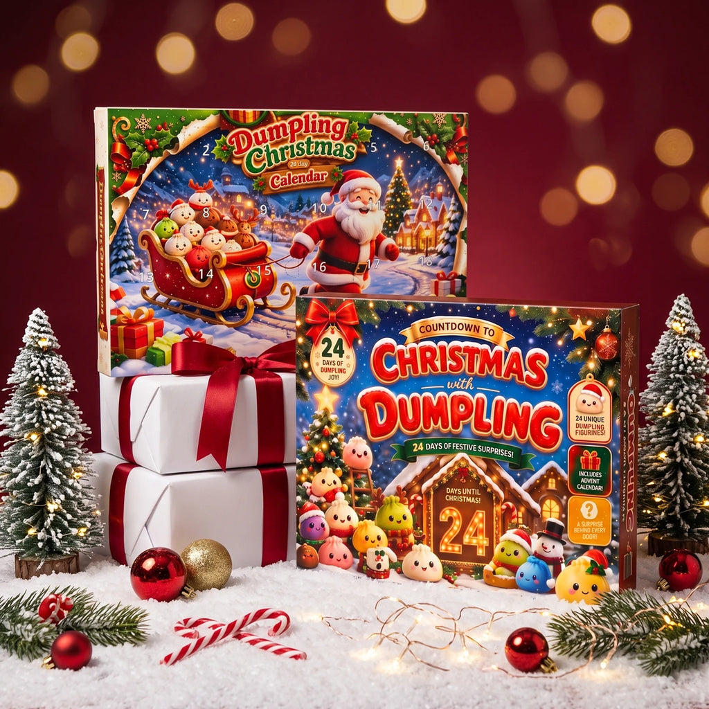 Christmas Duo Dumpling Squishy Advent Calendar Set 48 Pieces: the Santa sleigh and Countdown to Christmas calendar boxes staged on wrapped gifts in a snowy Christmas scene