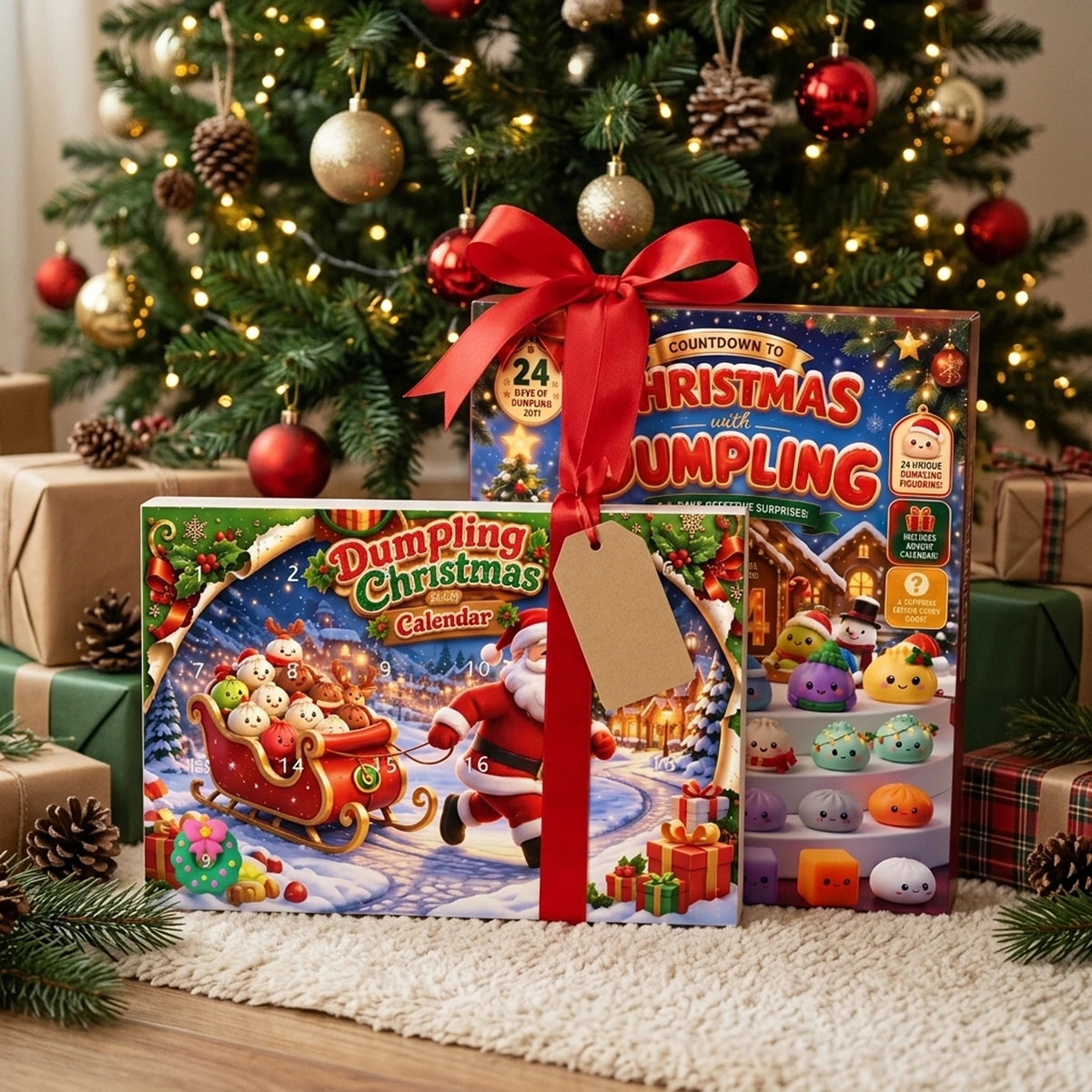 Both dumpling squishy advent calendars tied together with a red ribbon under the Christmas tree