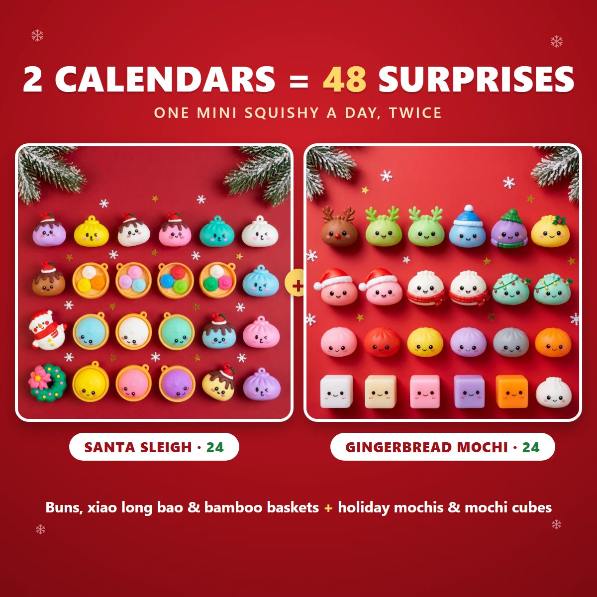 All 48 mini squishies of the two dumpling squishy advent calendars: 24 Santa Sleigh and 24 Gingerbread Mochi