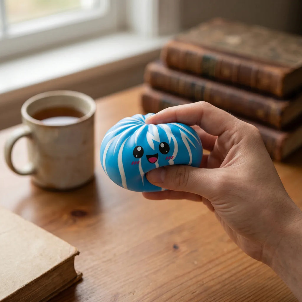 Dumpling squishy bun mystery toy styled as cute desk decor