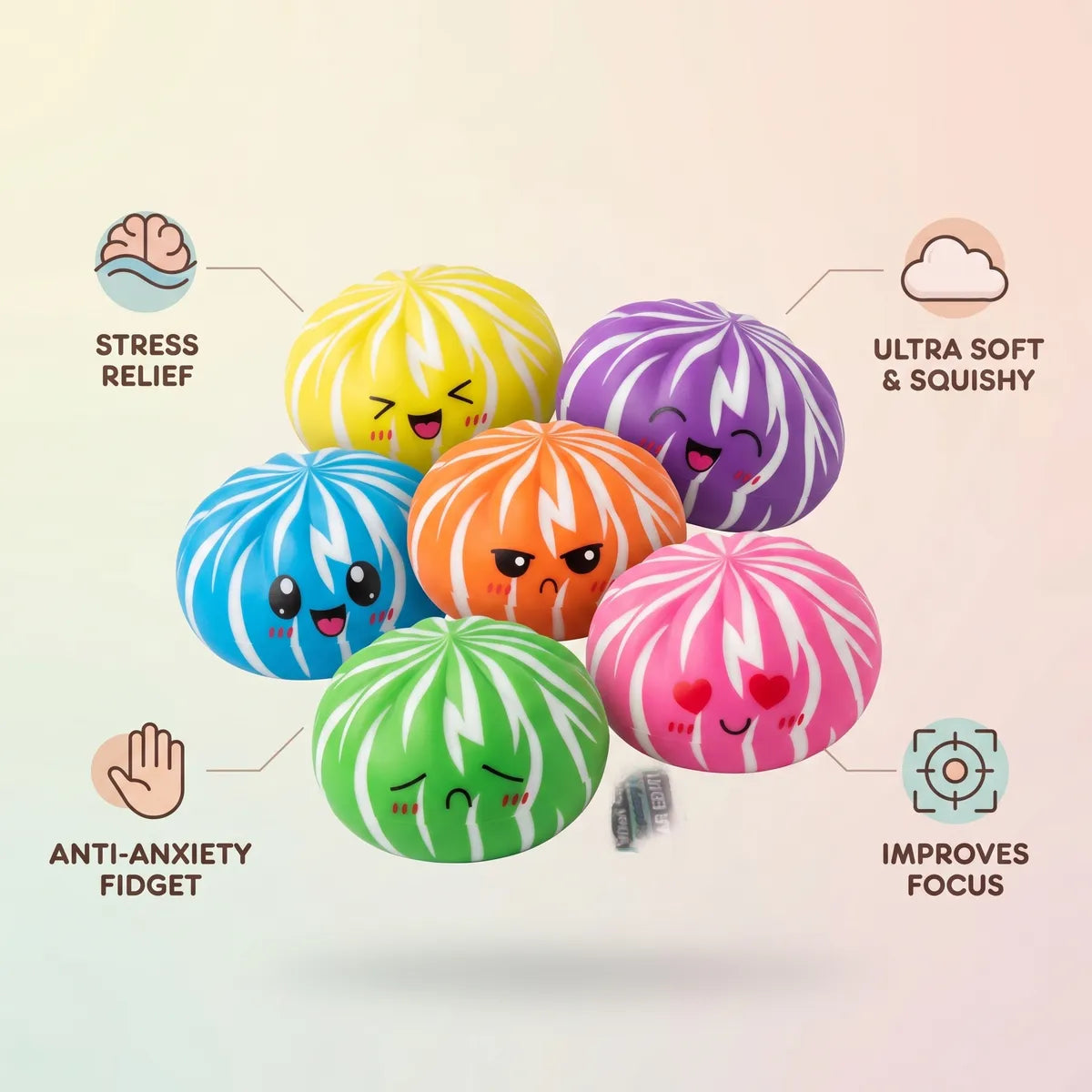 Dumpling squishy bun mystery toy size guide infographic with dimensions