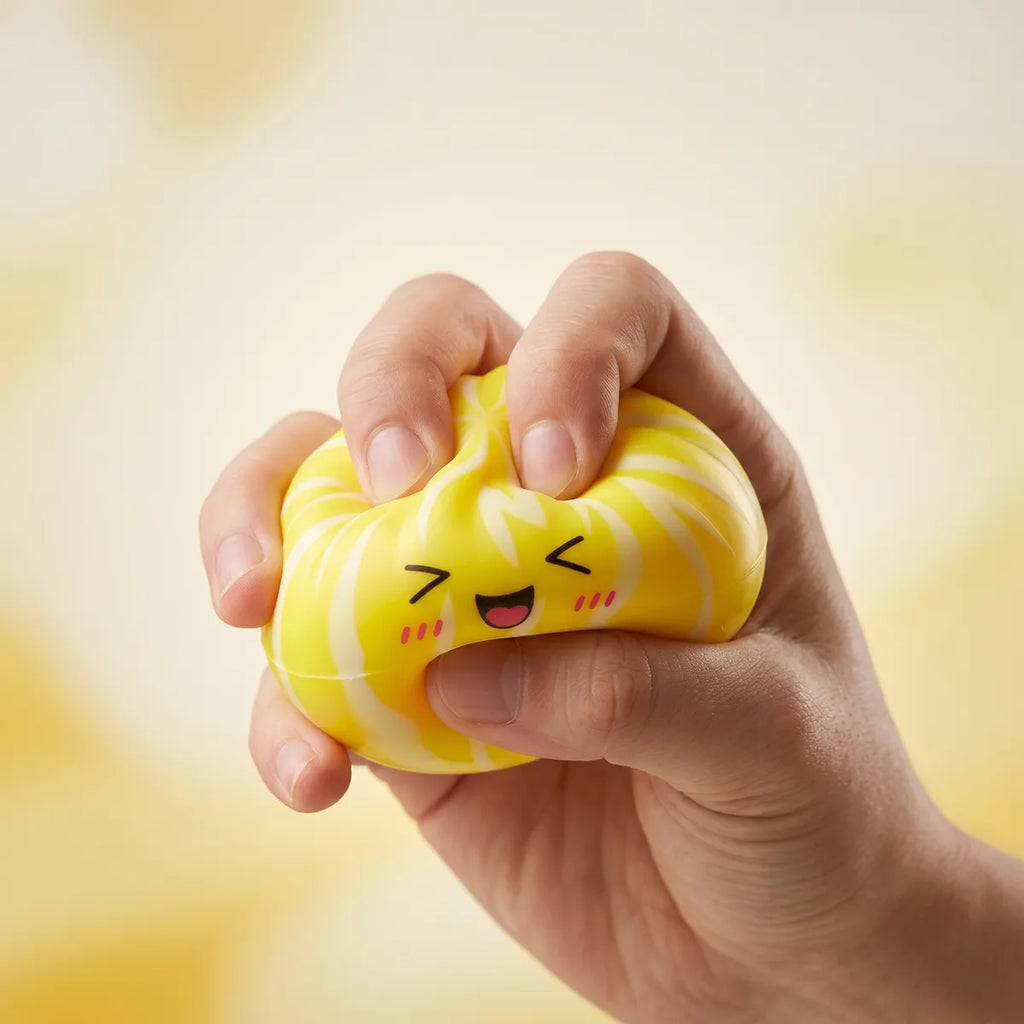 Dumpling squishy bun mystery toy being squeezed showing slow rising foam