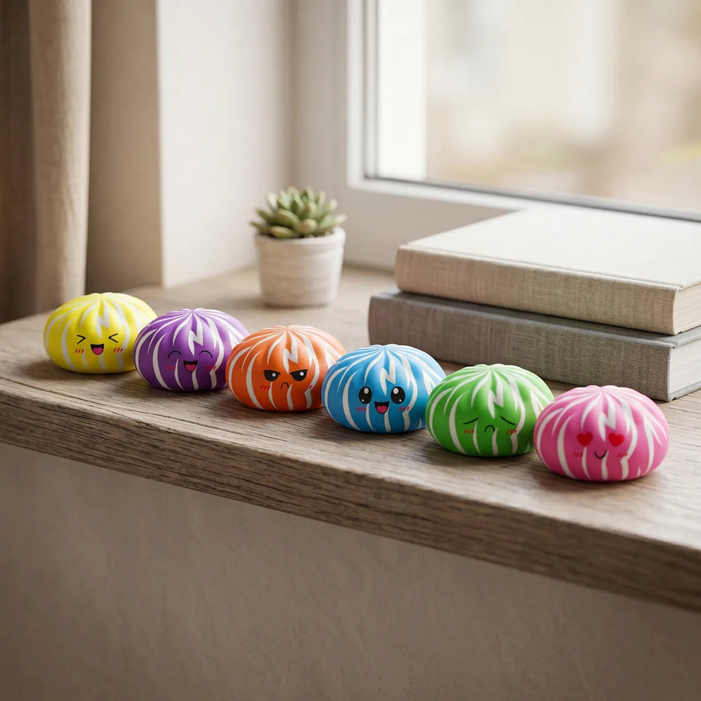 Dumpling squishy bun mystery toy displayed with bamboo steamer