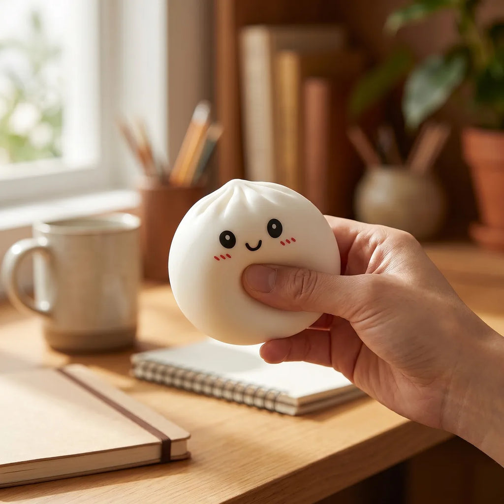 Dumpling squishy mystery box styled as cute desk decor