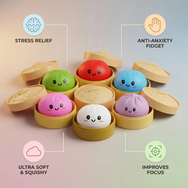 Dumpling squishy mystery box size guide infographic with dimensions