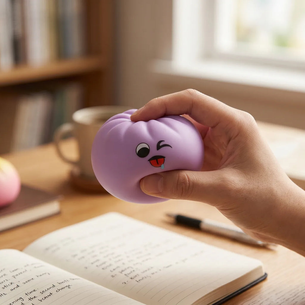 Dumpling squishy mystery bun fidget toy styled as cute desk decor