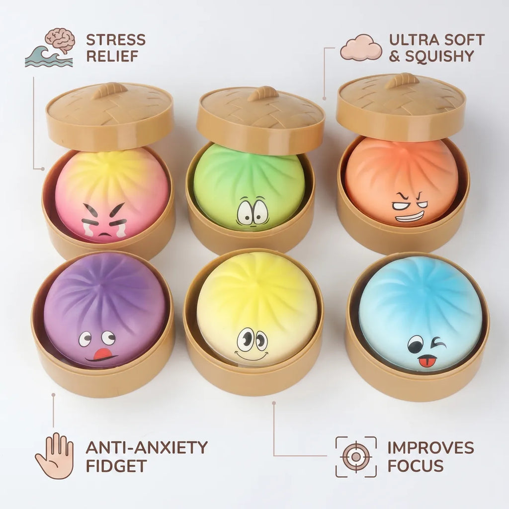 Mystery bun fidget toy size guide infographic with dimensions