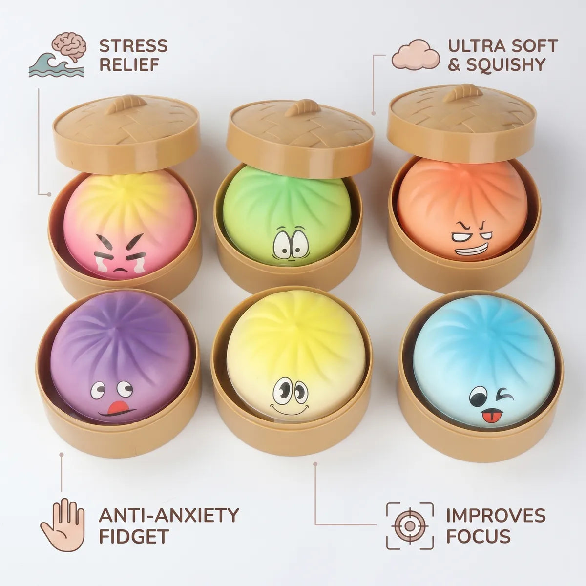 Mystery bun fidget toy size guide infographic with dimensions