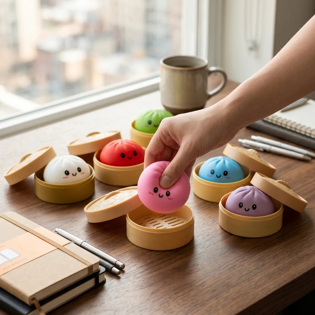 Dumpling squishy set 6 pieces styled as cute desk decor