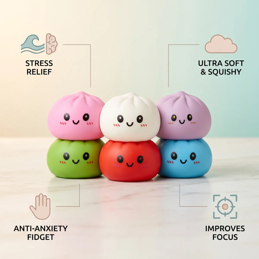 Dumpling squishy set 6 pieces size guide infographic with dimensions