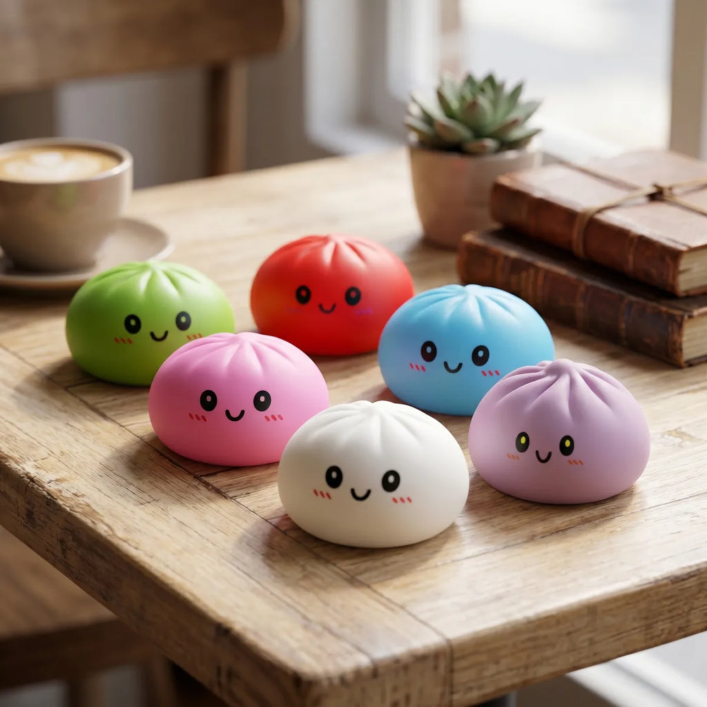 Dumpling squishy set 6 pieces displayed with bamboo steamers