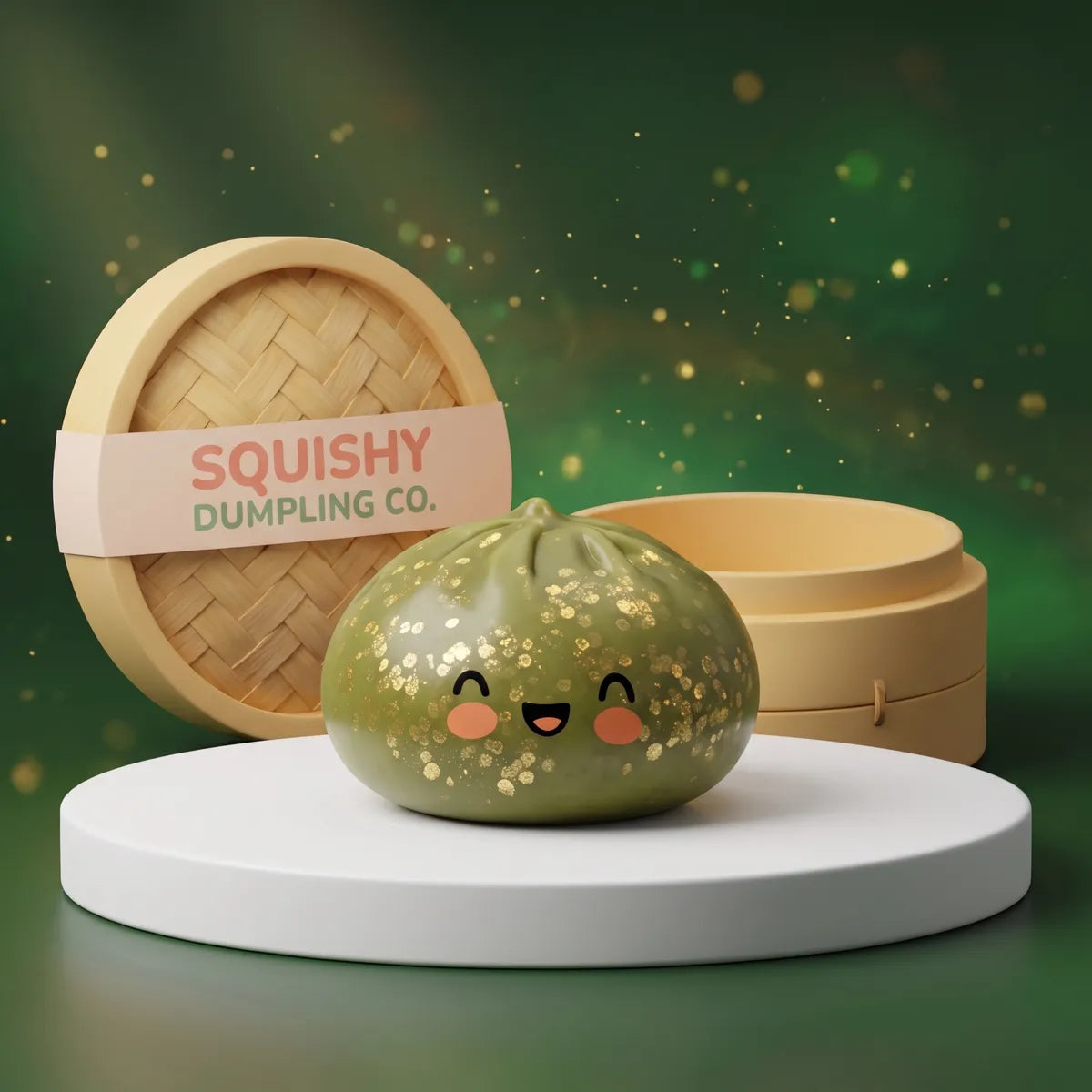 Emerald dark green sparkle dumpling squishy with bamboo steamer Main image