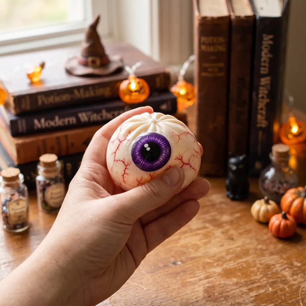 Person using the eyeball Halloween dumpling squishy as a stress relief fidget toy
