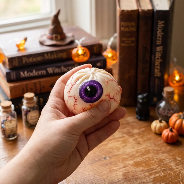 Person using the eyeball Halloween dumpling squishy as a stress relief fidget toy