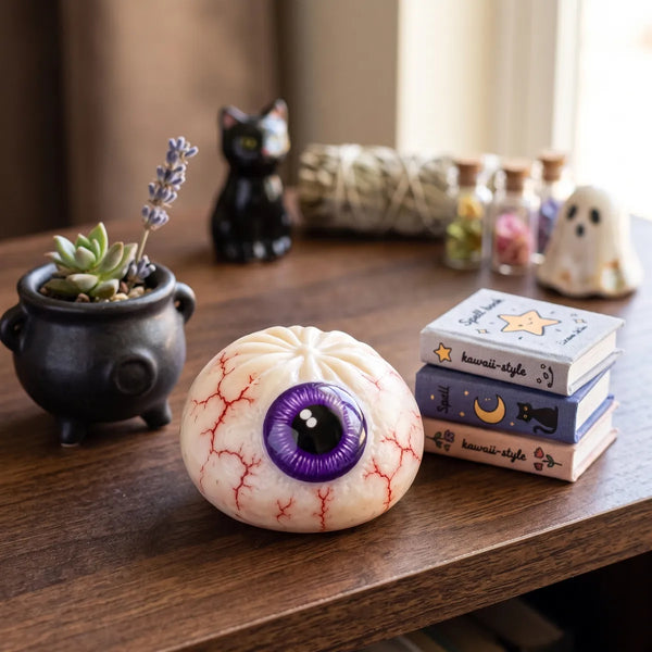Eyeball Halloween dumpling squishy styled in a witch apothecary lifestyle scene