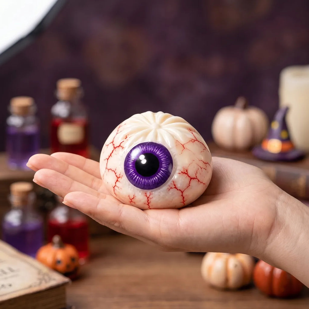 Hand holding the eyeball Halloween dumpling squishy to compare the 5.5 cm and 10 cm sizes