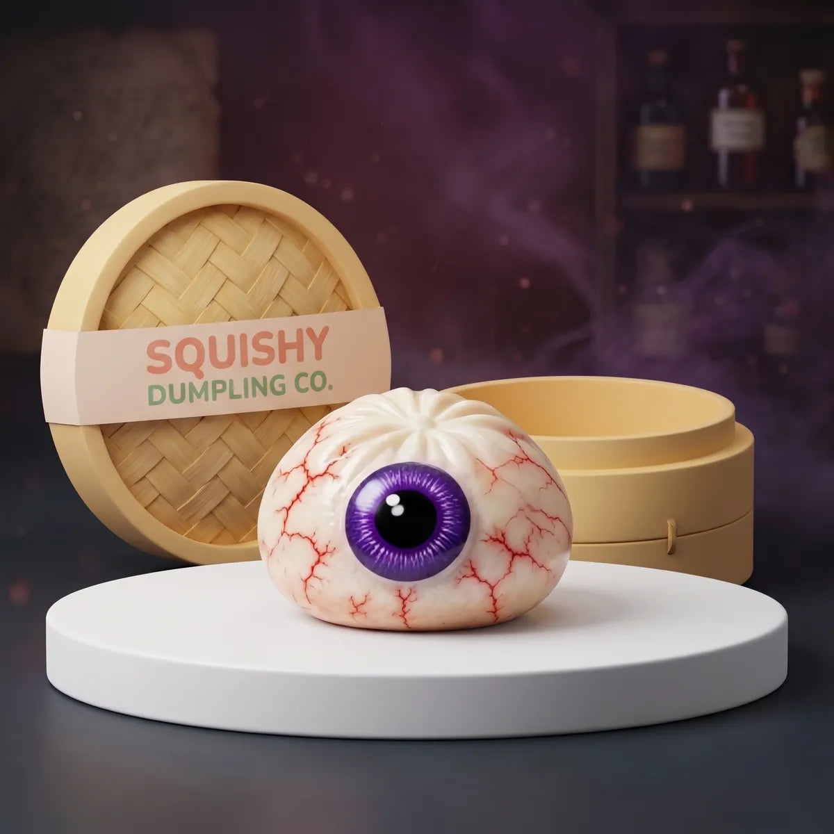 Eyeball Halloween dumpling squishy with red veins and a violet iris on a white podium Main image