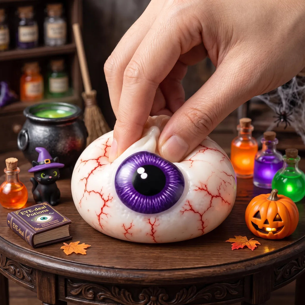 Eyeball Halloween dumpling squishy squeezed flat to show its slow rising rebound