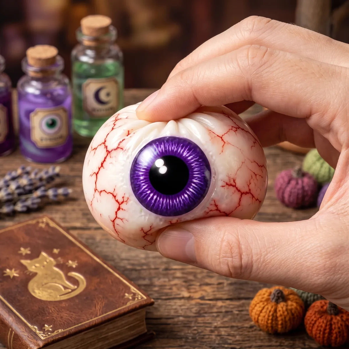 Close up squeeze showing the printed red veins and soft skin of the eyeball Halloween dumpling squishy