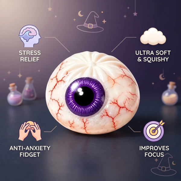 Eyeball Halloween dumpling squishy with stress relief focus and anti anxiety fidget benefit icons
