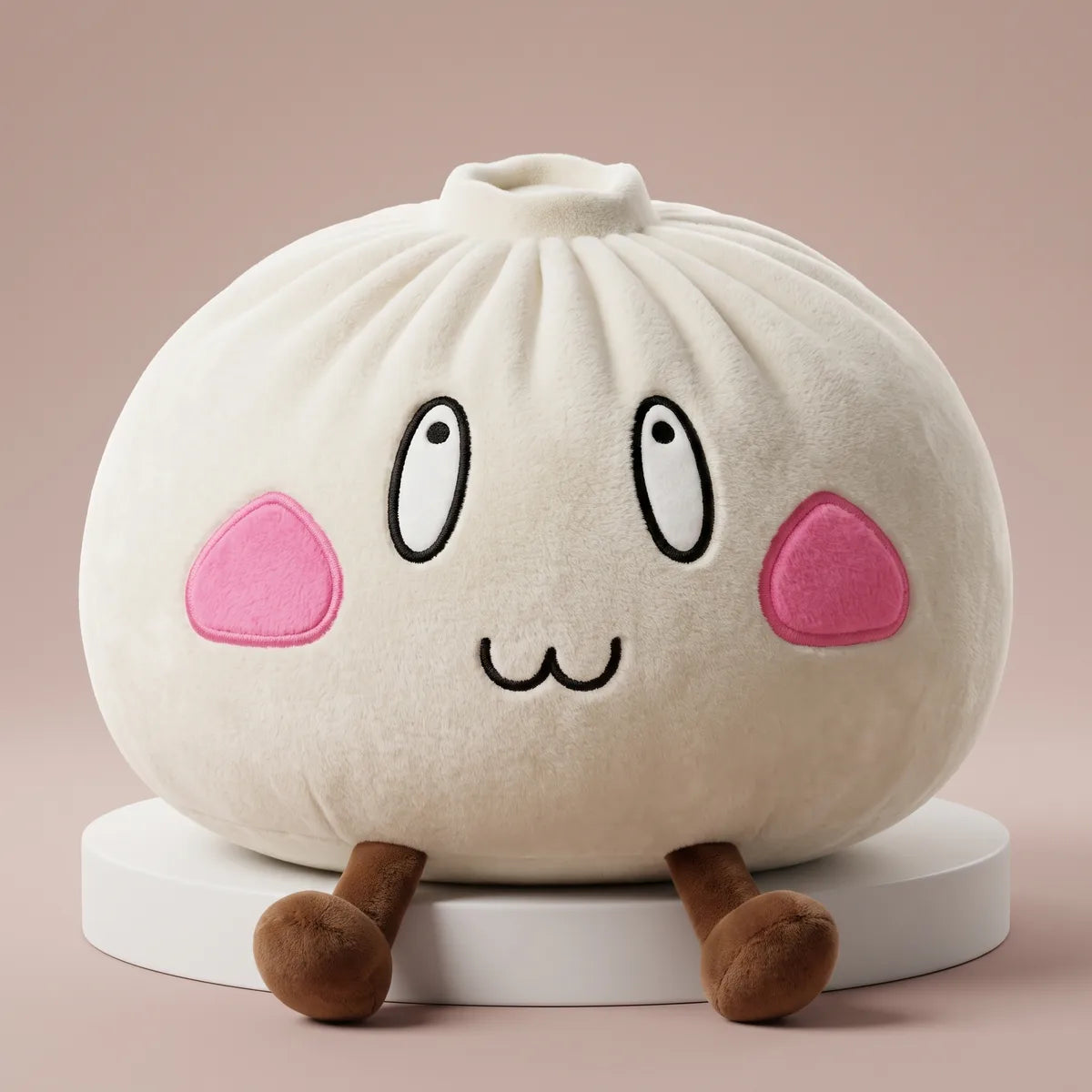 Giant Funny Happy Dumpling Squishy Plush on a white studio podium