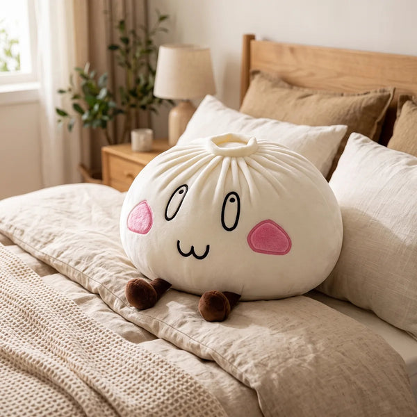 Giant Funny Happy Dumpling Squishy Plush used as a pillow on a cozy bed