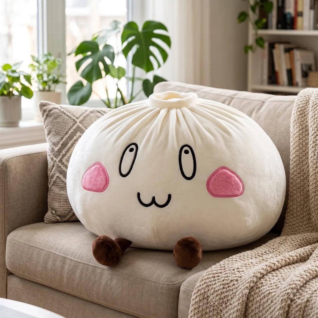 Giant Funny Happy Dumpling Squishy Plush sitting on a sofa as a cushion