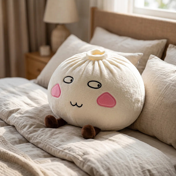Giant Funny Proud Dumpling Squishy Plush used as a pillow on a cozy bed