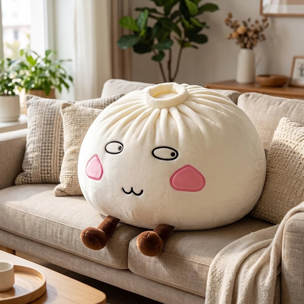 Giant Funny Proud Dumpling Squishy Plush sitting on a sofa as a cushion