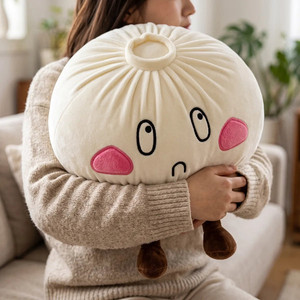 Person hugging the Giant Funny Sorrow Dumpling Squishy Plush against a soft sweater