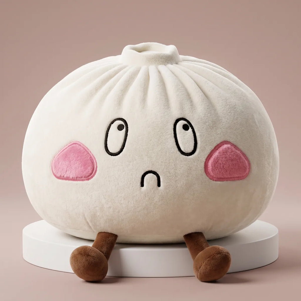 Giant Funny Sorrow Dumpling Squishy Plush on a white studio podium