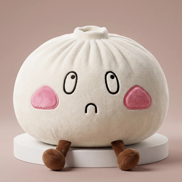 Giant Funny Sorrow Dumpling Squishy Plush on a white studio podium